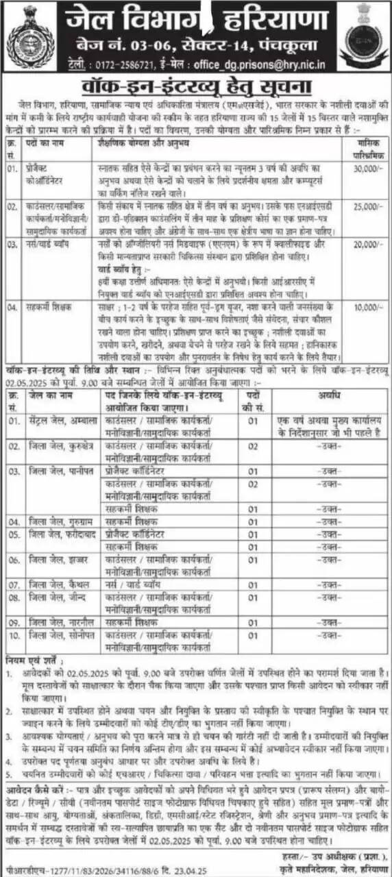 Haryana Jail Department Recruitment 2025: हरियाणा जेल विभाग में निकली भर्ती, सिर्फ इंटरव्यू देकर लगेगी नौकरी