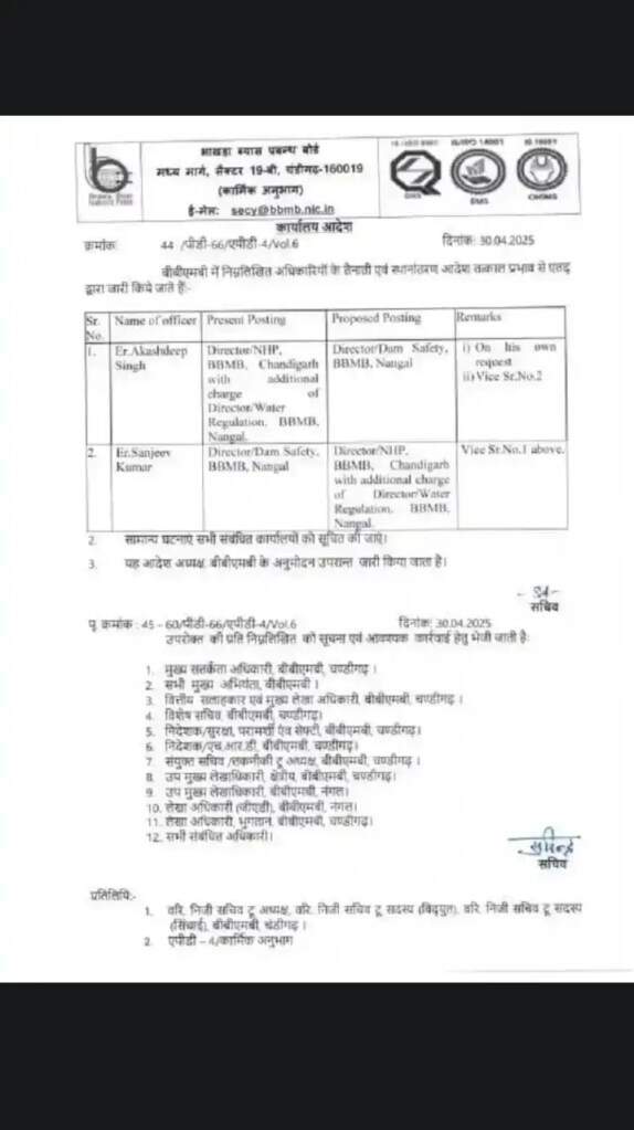 Haryana: हरियाणा पंजाब विवाद के बीच बड़ी राहत, हरियाणा के संजीव कुमार को बनाया गया BBMB निदेशक