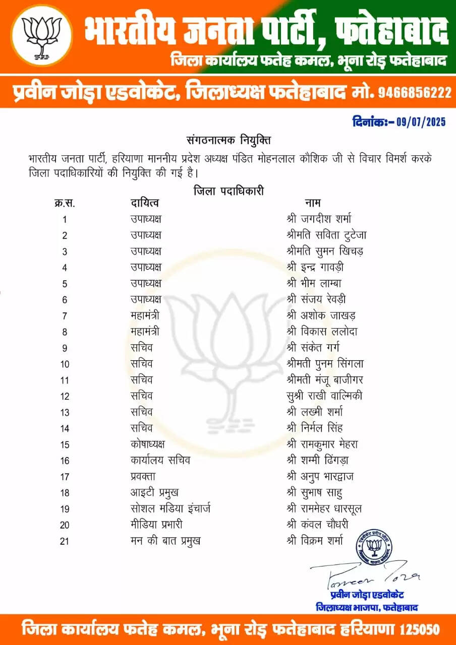 Haryana BJP: हरियाणा में बीजेपी ने इन जिलों में पदाधिकारी को किया नियुक्त, फटाफट देखें लिस्ट
