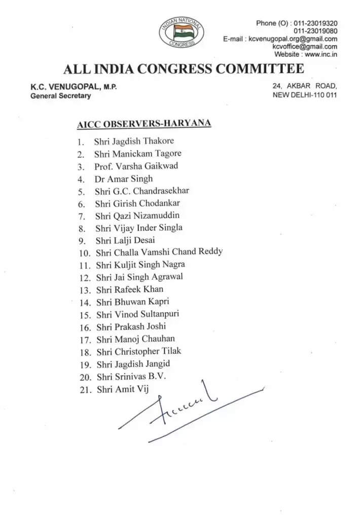 Haryana News: हरियाणा में कांग्रेस ने नियुक्त किए 21 AICC पर्यवेक्षक, ये रही लिस्ट