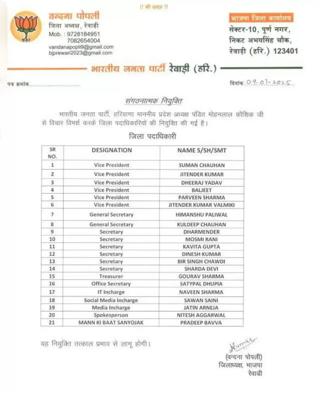 Haryana BJP: हरियाणा में बीजेपी ने इन जिलों में पदाधिकारी को किया नियुक्त, फटाफट देखें लिस्ट