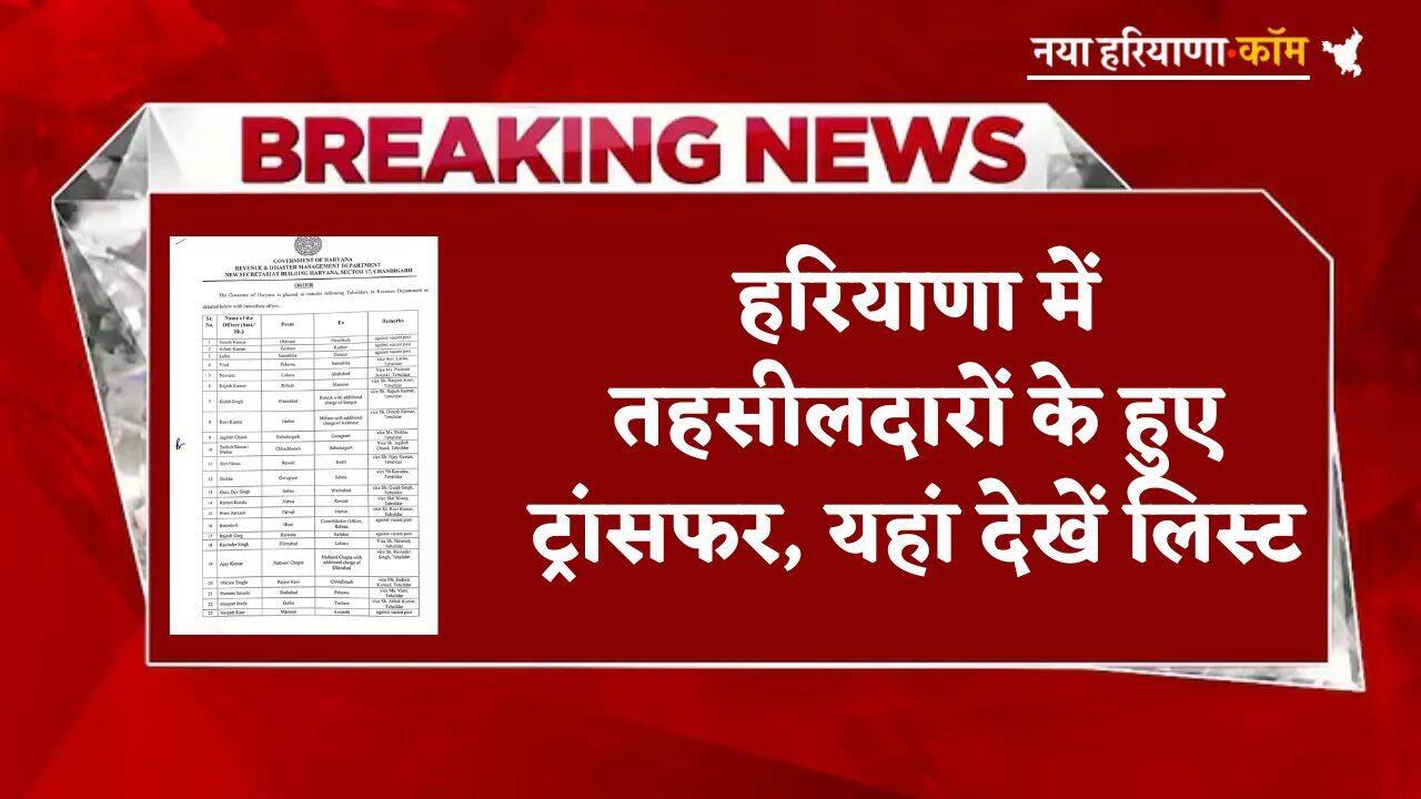 Breaking: हरियाणा में तहसीलदारों के हुए ट्रांसफर, यहां देखें लिस्ट