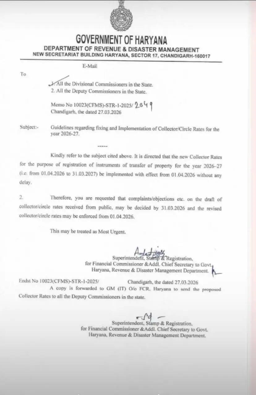 हरियाणा के सभी जिलों में एक अप्रैल से नये क्लैक्टर रेट लागू करने के आदेश, जारी हुआ ये लैटर