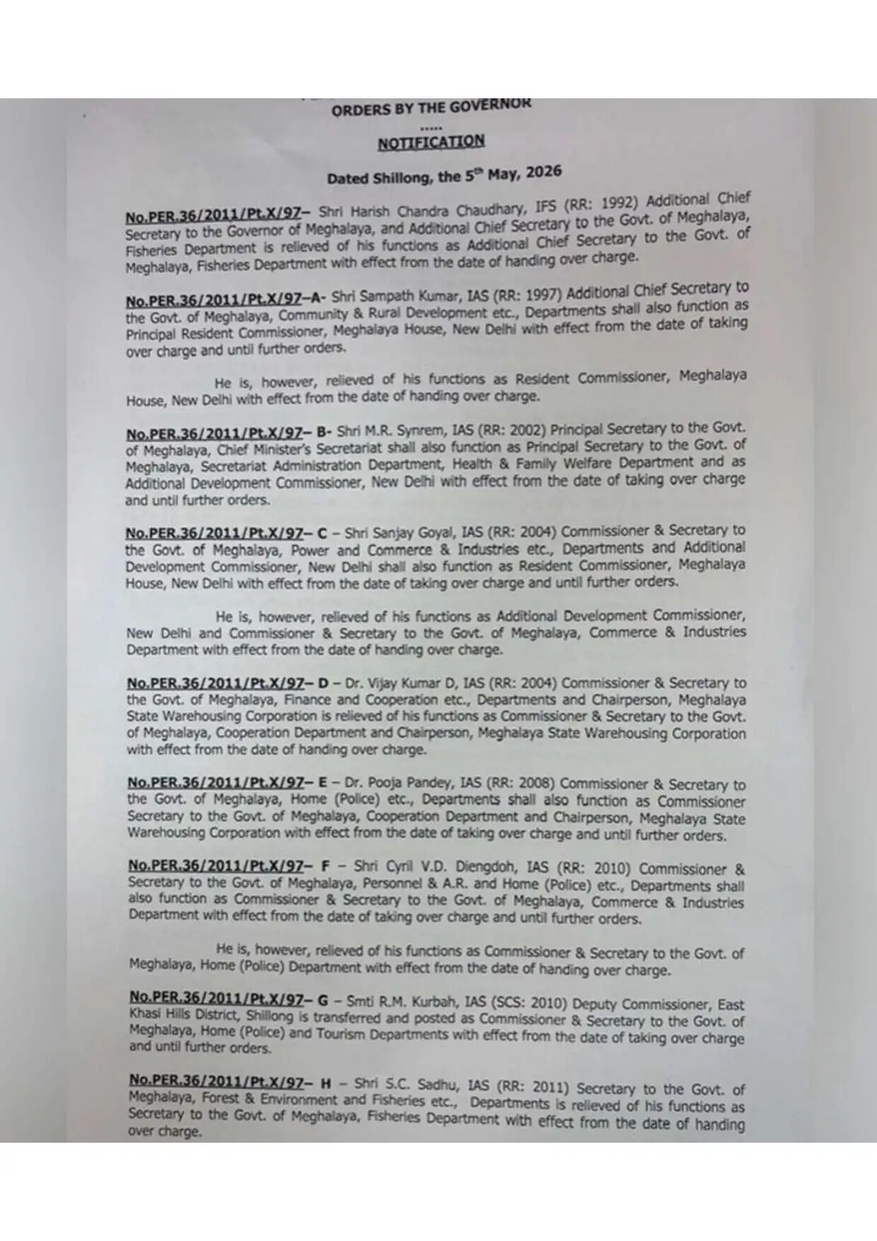 IAS Transfer, IAS Transfer 2026,ias transfer meghalaya,ias transfer punjab