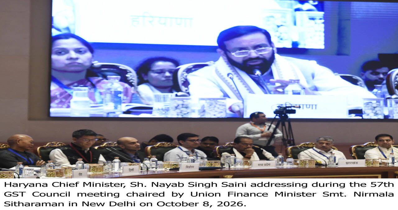 हरियाणा के मुख्यमंत्री श्री नायब सिंह सैनी नई दिल्ली में केंद्रीय वित्त मंत्री श्रीमती निर्मला सीतारमण की अध्यक्षता&nbsp;में आयोजित&nbsp;जीएसटी काउंसिल की 57वीं बैठक में हिस्सा लेते हुए।&nbsp;(08.10.2026)