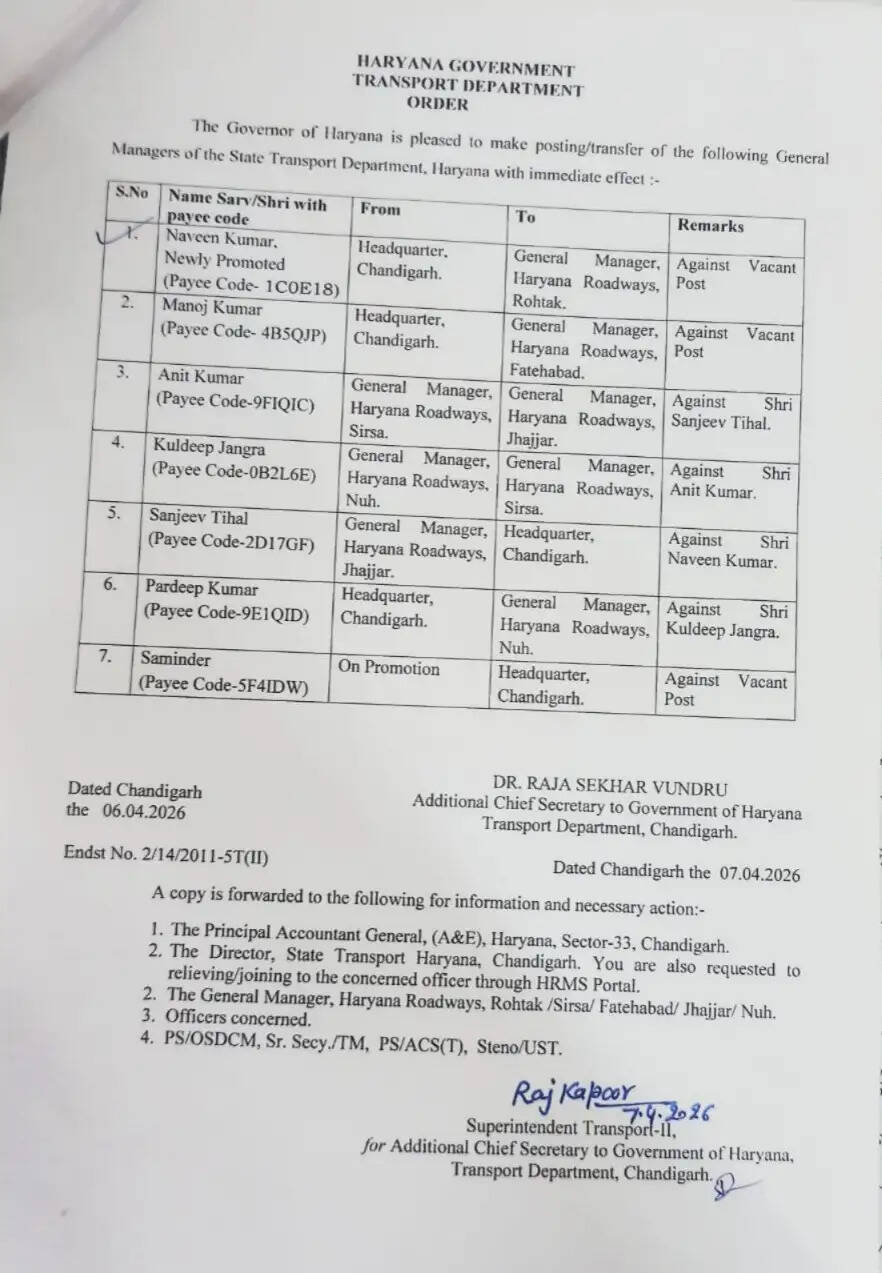 Haryana Roadways GM transfer order