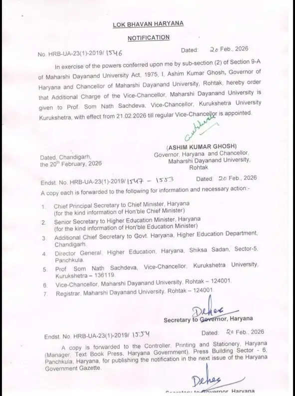 Haryana News: हरियाणा में MDU कुलपति को हटाया गया, KUK कुलपति को दिया गया चार्ज