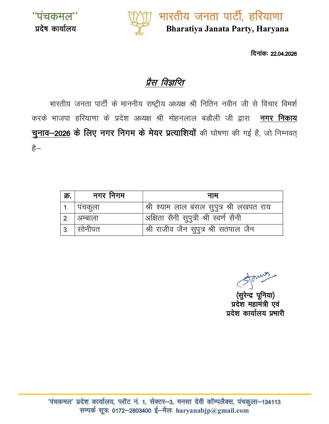 &nbsp;हरियाणा में बीजेपी ने मेयर प्रत्याशी किये घोषित, लिस्ट हुई जारी 22