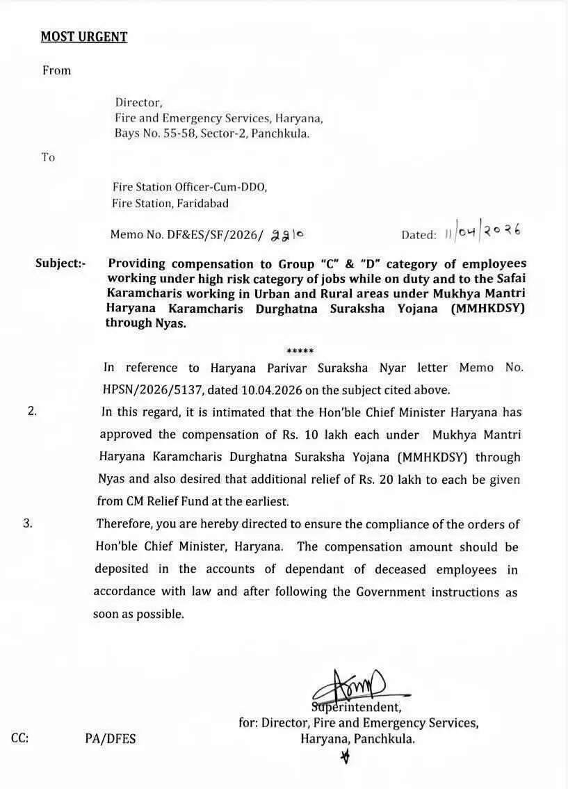 हरियाणा में कर्मचारियों को 30 लाख तक मुआवजा मंजूर, आदेश हुए जारी