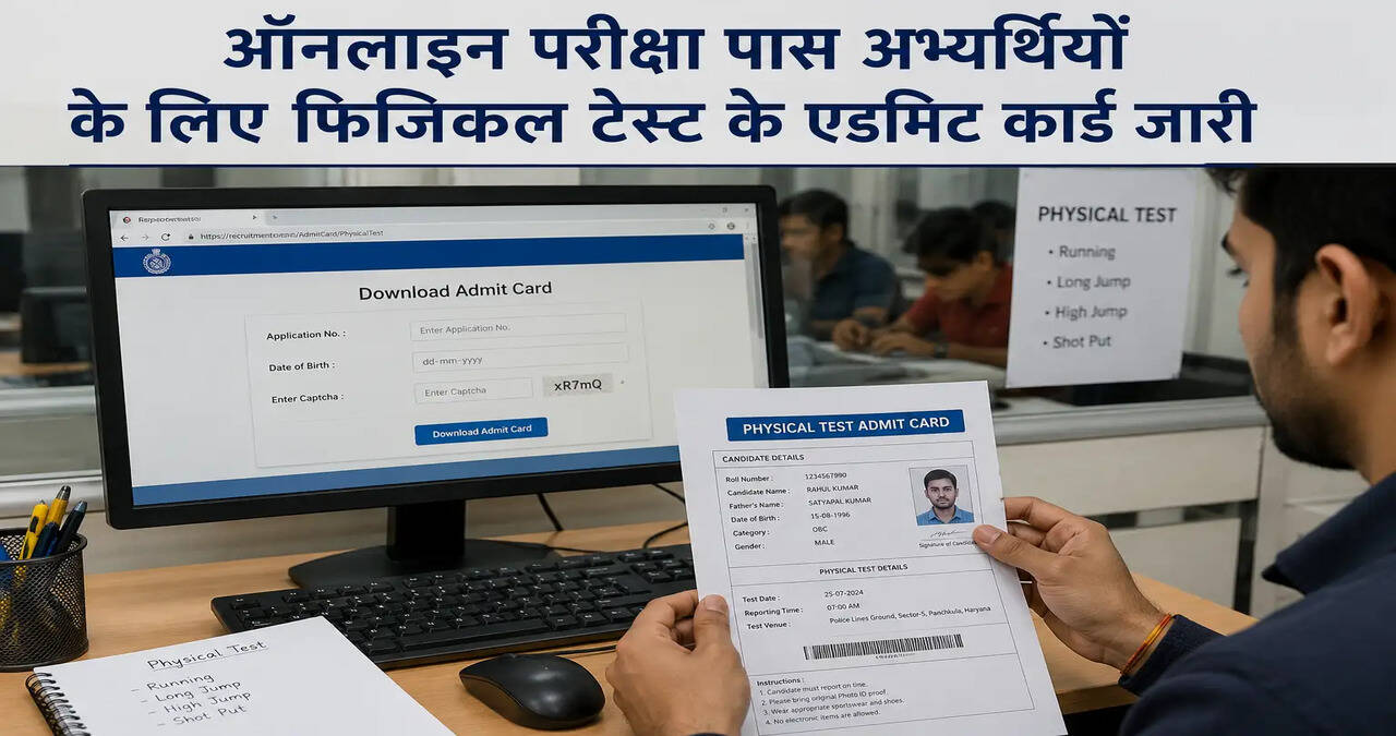 सेना भर्ती कार्यालय, चरखी दादरी ने अग्निपथ योजना के तहत भारतीय सेना में भर्ती के लिए ऑनलाइन परीक्षा उत्तीर्ण करने वाले महेंद्रगढ़, रेवाड़ी, चरखी दादरी एवं भिवानी जिले के अभ्यर्थियों के फिजिकल टेस्ट के एडमिट कार्ड जारी कर दिए हैं।  भर्ती निदेशक कर्नल के संदीप ने बताया कि अभ्यर्थी ज्वाइन इंडियन आर्मी की वेबसाइट से अपना एडमिट कार्ड डाउनलोड कर सकते हैं। भर्ती रैली का आयोजन 2 सितंबर से 15 सितंबर 2026 तक भीम स्टेडियम, भिवानी में किया जाएगा।  उन्होंने बताया कि फिजिकल टेस्ट के दौरान अभ्यर्थियों को 1600 मीटर दौड़, चिन-अप, 9 फीट गड्ढा पार करने तथा जिग-जैग बैलेंस जैसी शारीरिक दक्षता परीक्षाएं देनी होंगी। अभ्यर्थियों को अपने साथ 10वीं एवं 12वीं की अंकतालिका, हरियाणा निवास प्रमाण पत्र, चरित्र प्रमाण पत्र, भर्ती अधिसूचना के अनुसार शपथ पत्र, 20 रंगीन पासपोर्ट आकार के फोटो तथा अविवाहित होने का प्रमाण पत्र अनिवार्य रूप से लाना होगा। जिन अभ्यर्थियों के पास आईटीआई, एनआईईएलआईटी, एनसीसी अथवा खेल प्रमाण पत्र हैं, वे भी उन्हें साथ लेकर आएं। सेवानिवृत्त अथवा सेवारत सैनिकों के आश्रित अभ्यर्थियों को रिलेशनशिप सर्टिफिकेट एवं डिस्चार्ज बुक की प्रति भी साथ लानी होगी।  भर्ती निदेशक ने बताया कि यदि किसी अभ्यर्थी को एडमिट कार्ड डाउनलोड करने में कोई परेशानी आती है तो वह सेना भर्ती कार्यालय, चरखी दादरी से संपर्क कर सकता है, जहां हर संभव सहायता उपलब्ध कराई जाएगी। उन्होंने यह भी स्पष्ट किया कि अग्निवीर क्लर्क एवं मल्टीपल कैटेगरी की भर्ती रैली अंबाला में आयोजित होगी, जिसकी सूचना संबंधित अभ्यर्थियों को उनके पंजीकृत ई-मेल के माध्यम से भेजी जाएगी। साथ ही उन्होंने युवाओं से किसी भी प्रकार के बहकावे में न आने की अपील करते हुए कहा कि सेना भर्ती प्रक्रिया पूरी तरह निशुल्क, पारदर्शी और योग्यता आधारित है।