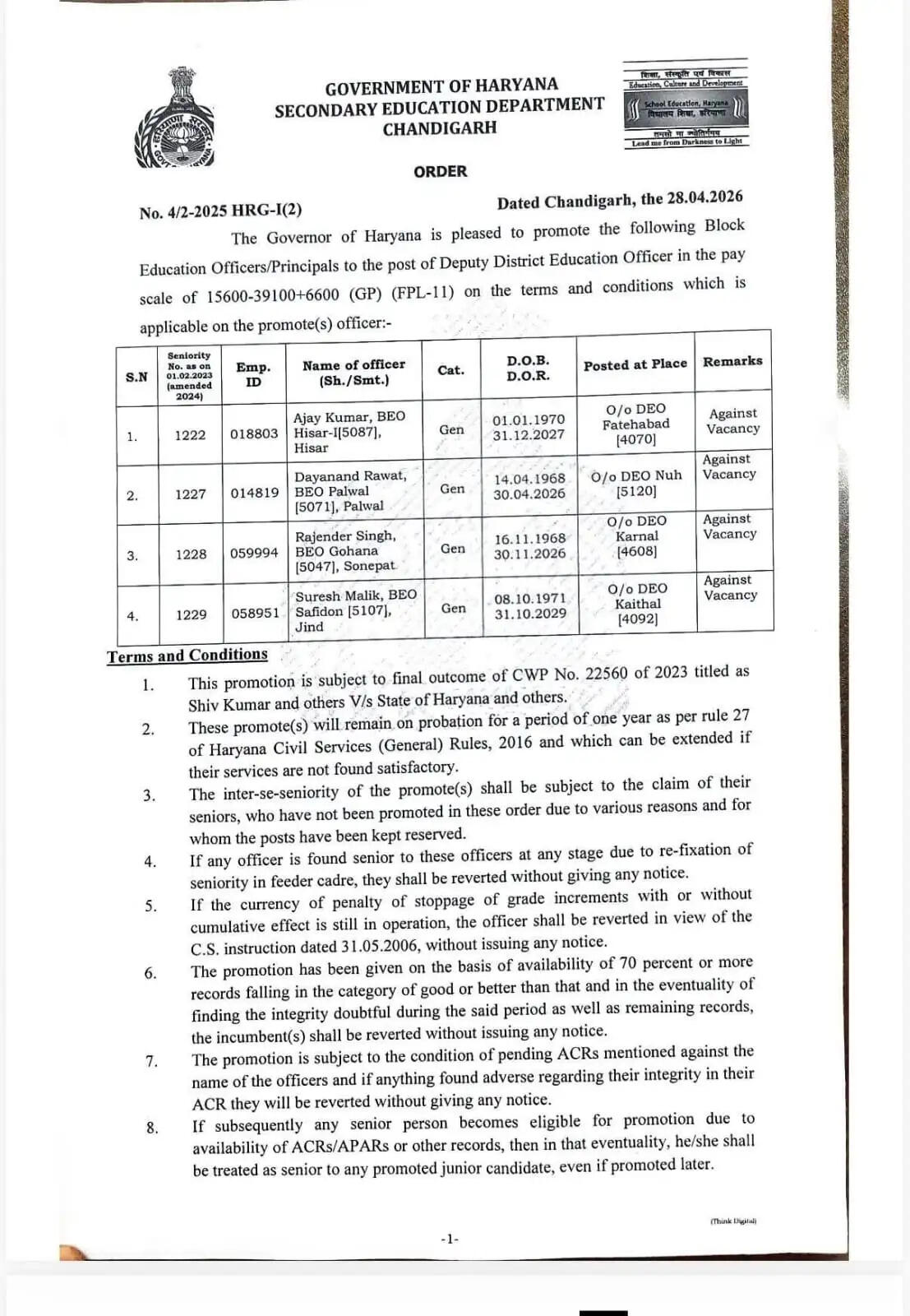 हरियाणा में इन जिलों के BEO को मिला DEO के पद पर प्रमोशन, देखें लिस्ट&nbsp;