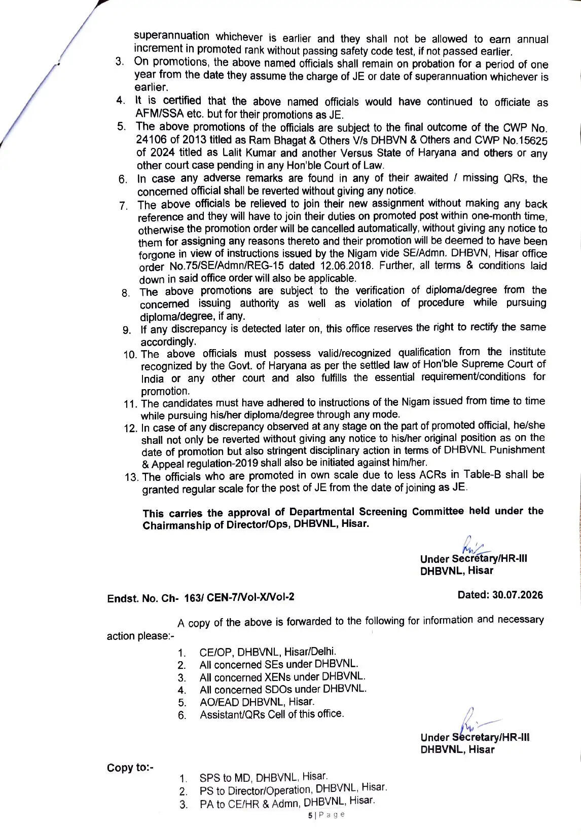 हरियाणा स्टेट इलेक्ट्रिसिटी बोर्ड वर्कर्स यूनियन, मुख्यालय भिवानी (रजि. नं. 292) के लंबे समय से किए जा रहे निरंतर प्रयासों एवं संघर्ष के परिणामस्वरूप बिजली निगमों में वर्षों से लंबित 62 कर्मचारियों को जूनियर इंजीनियर (JE) तथा 223 कर्मचारियों को फोरमैन पद पर पदोन्नति प्रदान की गई है। 55