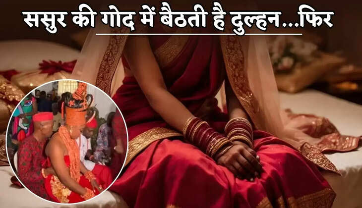 The bride sits on her father-in-law's lap...then