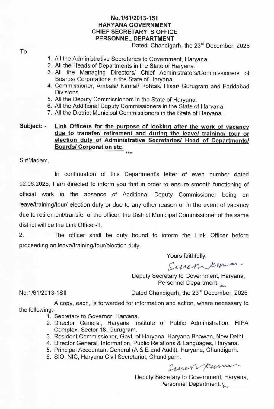 Link officers appointed with ADCs in Haryana.