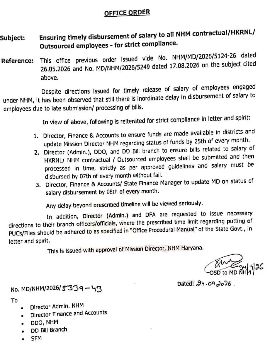 हरियाणा के कच्चे कर्मचारियों के वेतन को लेकर सख्त निर्देश