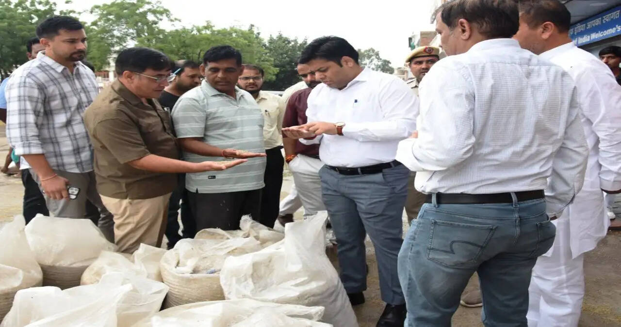 &nbsp;बारिश की फुव्वारों के बीच डीसी साहिल गुप्ता ने अनाज मंडी में किया बाजरे की खरीद प्रक्रिया का निरीक्षण