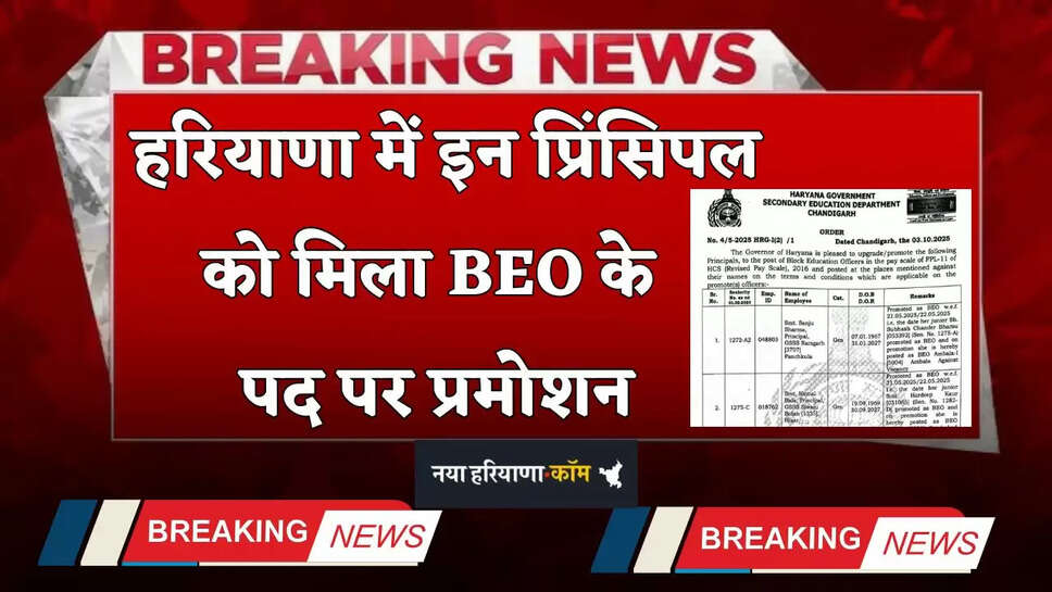 Haryana Promotion: हरियाणा में इन प्रिंसिपल को मिला BEO के पद पर प्रमोशन, देखें लिस्ट