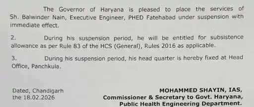 Haryana हरियाणा के फतेहाबाद में पब्लिक हेल्थ के XEN सस्पेंड, जाने वजह 